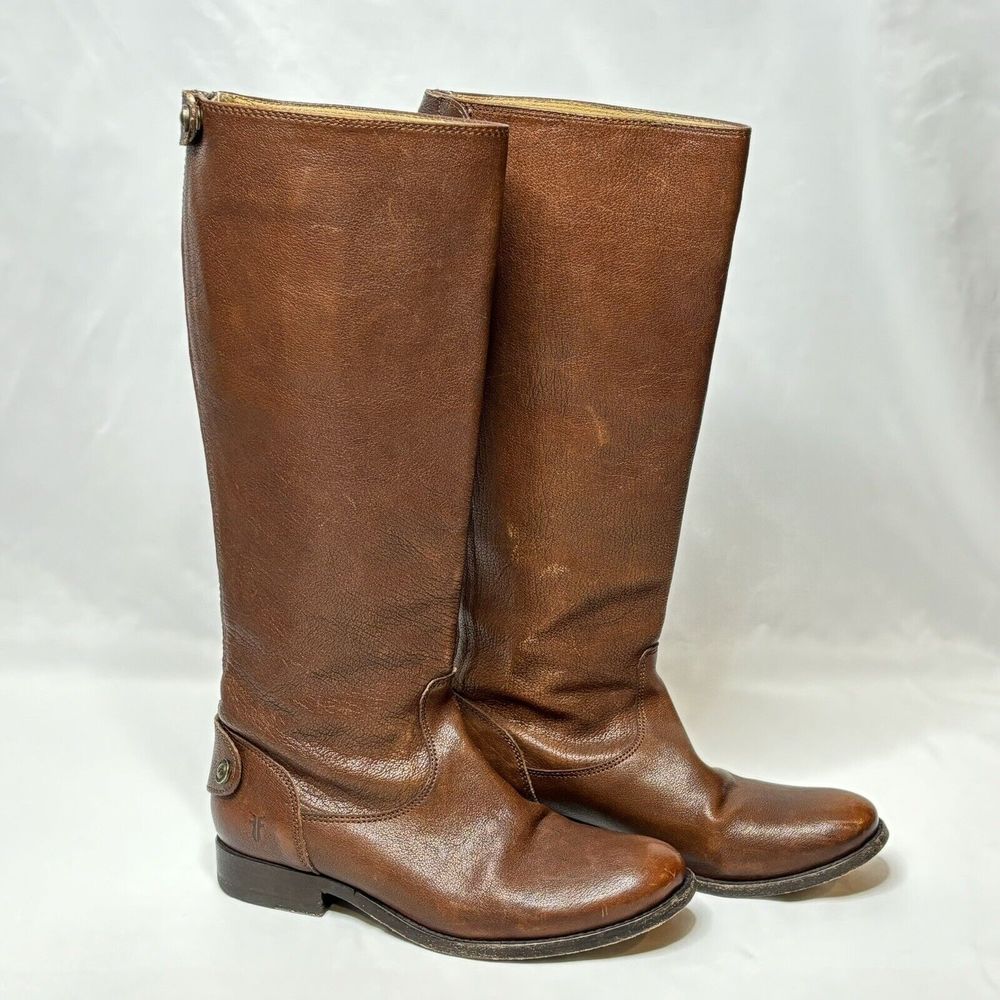 Frye Melissa Riding Moto Boots 6B Brown Leather Button Back Zip Tall Western